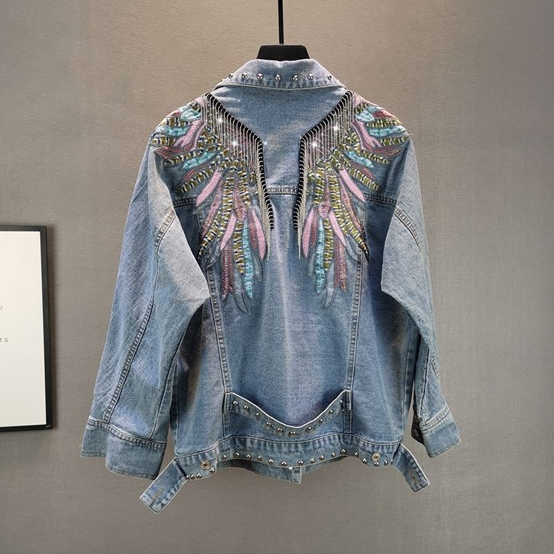 Embroidery On Jeans - Женская джинсовая куртка с длинным рукавом,