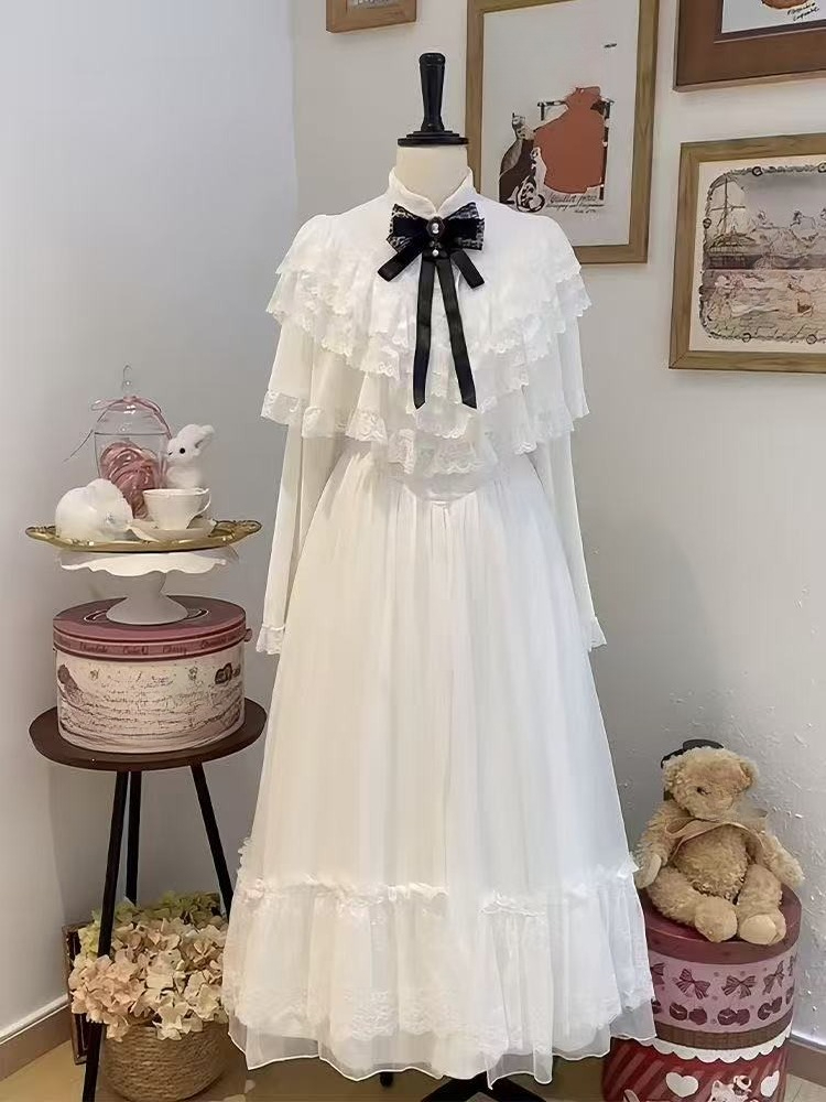 Embroidery White Dress - Японское кружевное платье с коротким рукавом